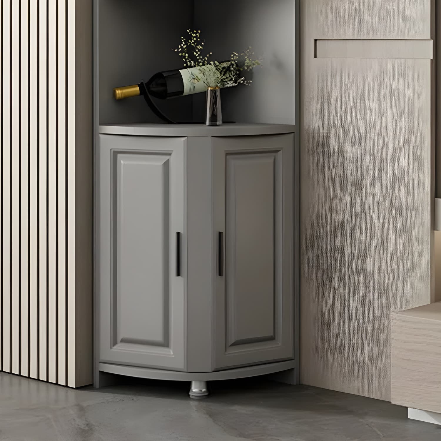 Modern Grey Corner Accent Cabinet with Glass Doors and 8 Interior Shelves thumbnail 4
