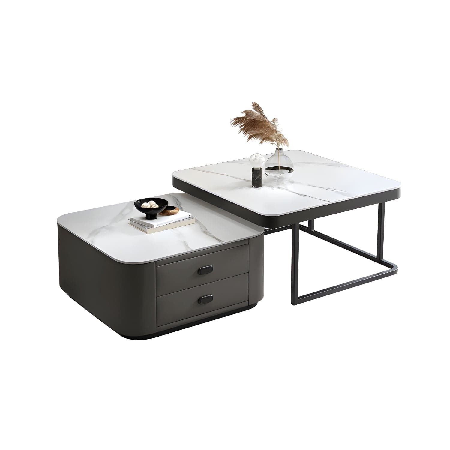 Square Coffee Table Glass Top 2 Nesting Coffee Table Set with Storage thumbnail 12
