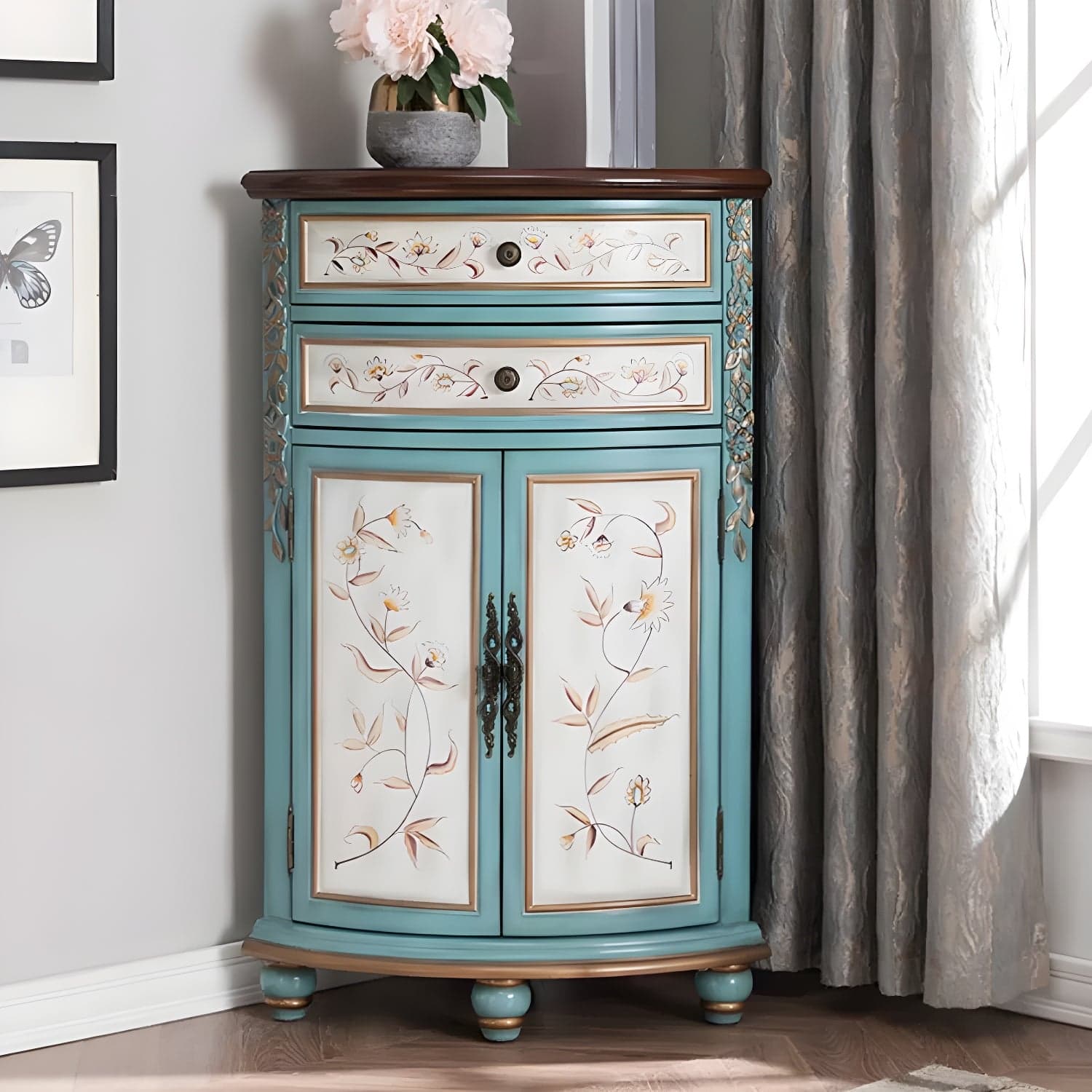 Rustic Corner Accent Cabinet with Wood Counter Top, Drawers, and Cabinet, Small Size thumbnail 3