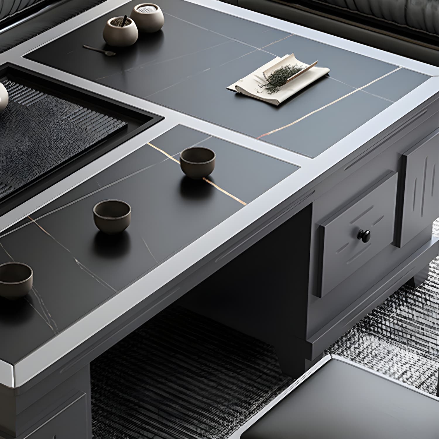 Abstract Slate Coffee Cocktail Table with Storage Drawers Rectangle thumbnail 15