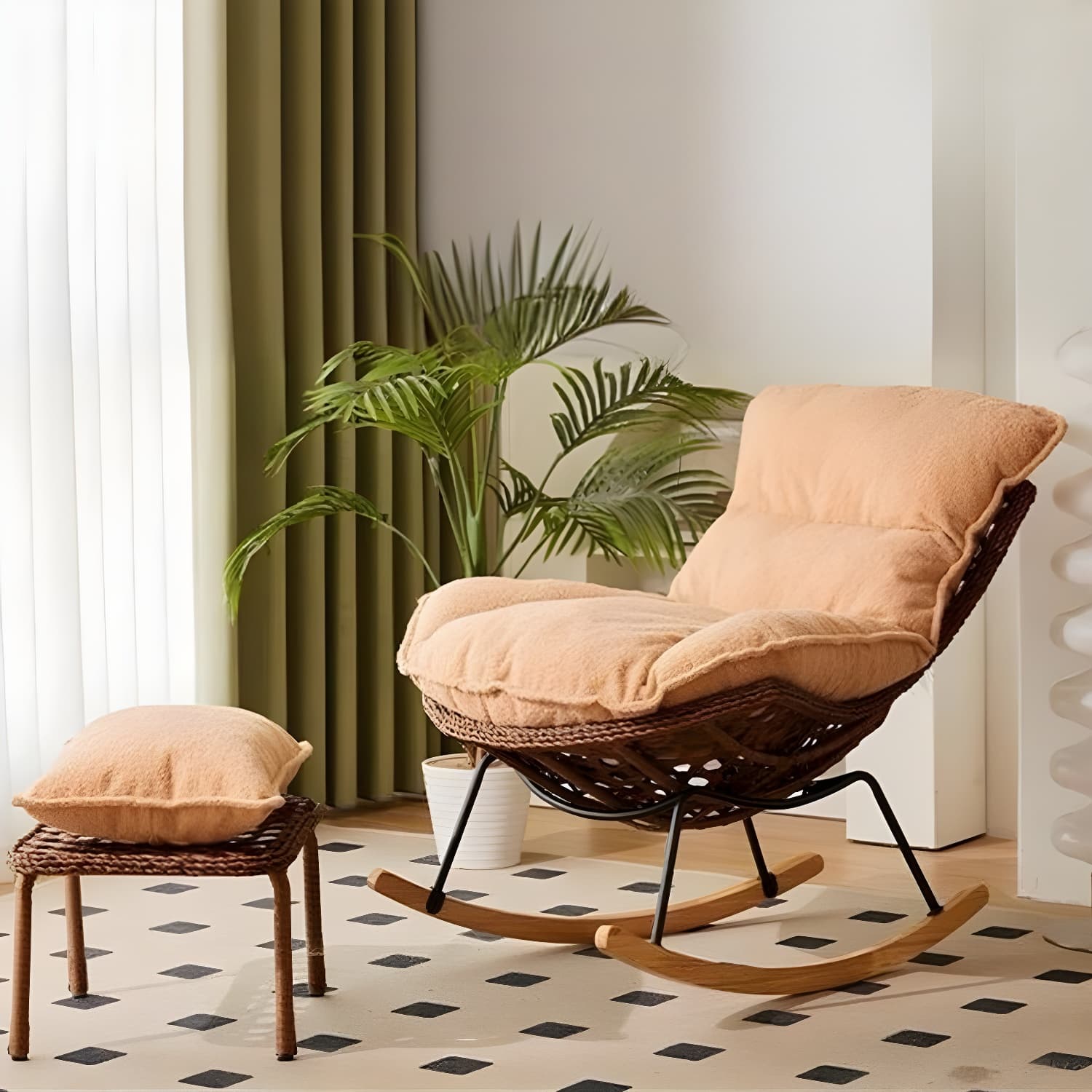 Traditional Armless Design Indoor Rocking Chair with rattan Frame and Nature Wood Legs thumbnail 18
