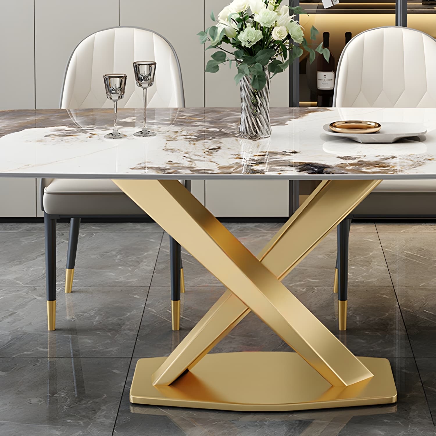 Glam Metal Dining Set in Beige with Gold Pedestal Base and Slate Tabletop - 1/5/7 Piece Set thumbnail 7