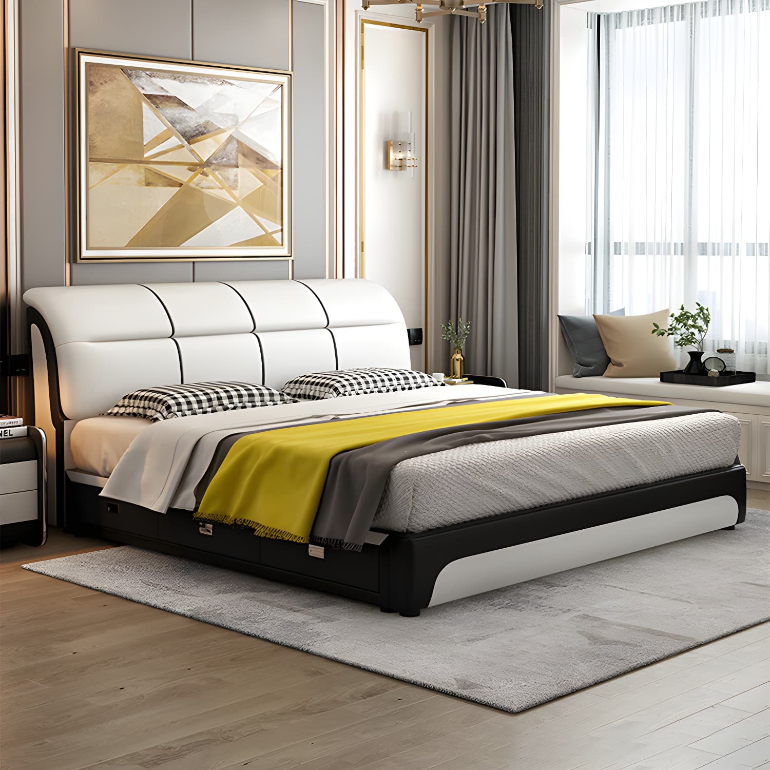 Glam Light Beige Bed Upholstered Wood Bed Frame with Headboard thumbnail 1