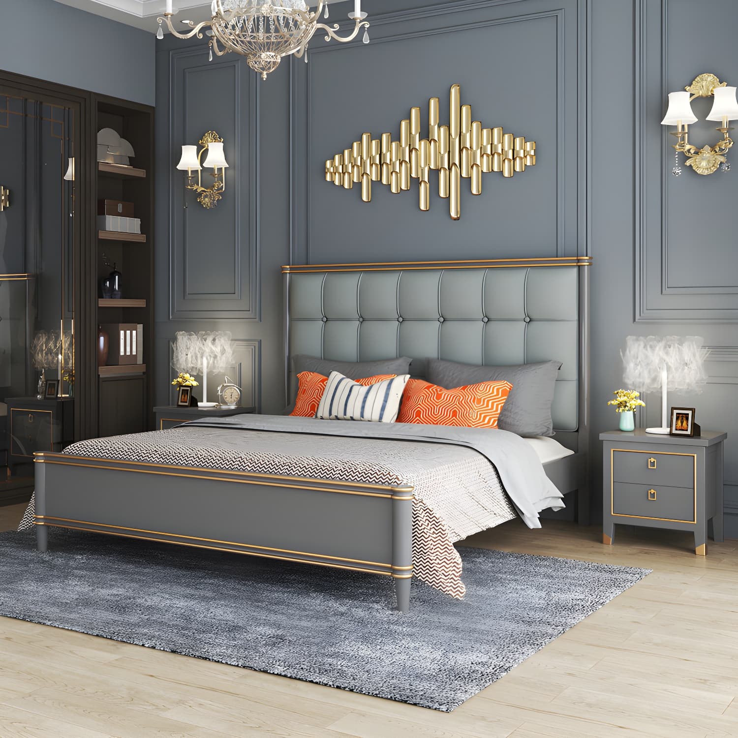 Modern Standard Bed with Tufted Upholstered Headboard and Soild Wood Legs thumbnail 4