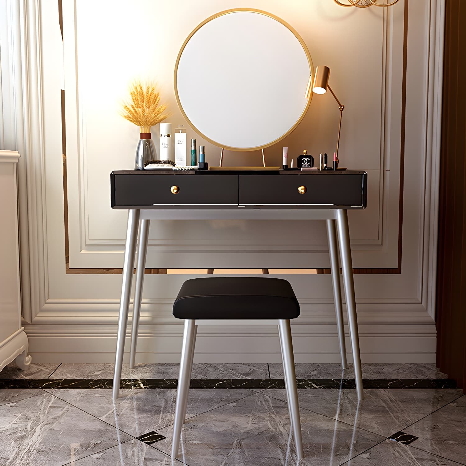 Glam 29.5" Height Wooden Makeup Vanity with Drawers and Mirror thumbnail 5
