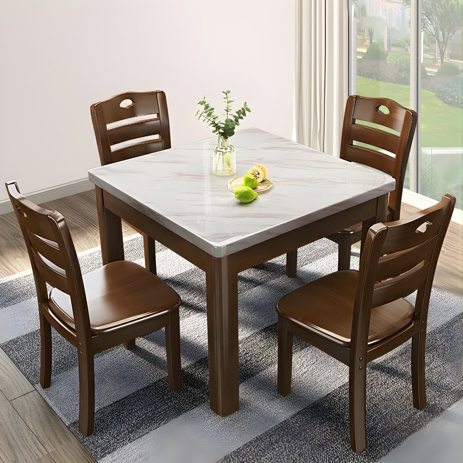 Square Marble Dining Table Set 1/5 Pieces with Solid Wood Base for Kitchen thumbnail 11