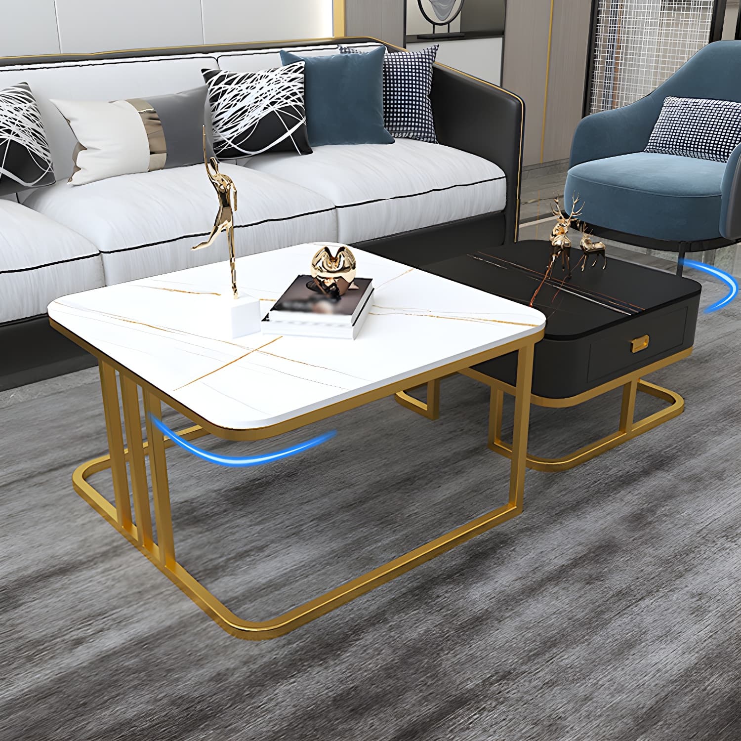 Round Slate/ Glass Coffee Table Frame 2 Nesting Cocktail Table with Storage thumbnail 18