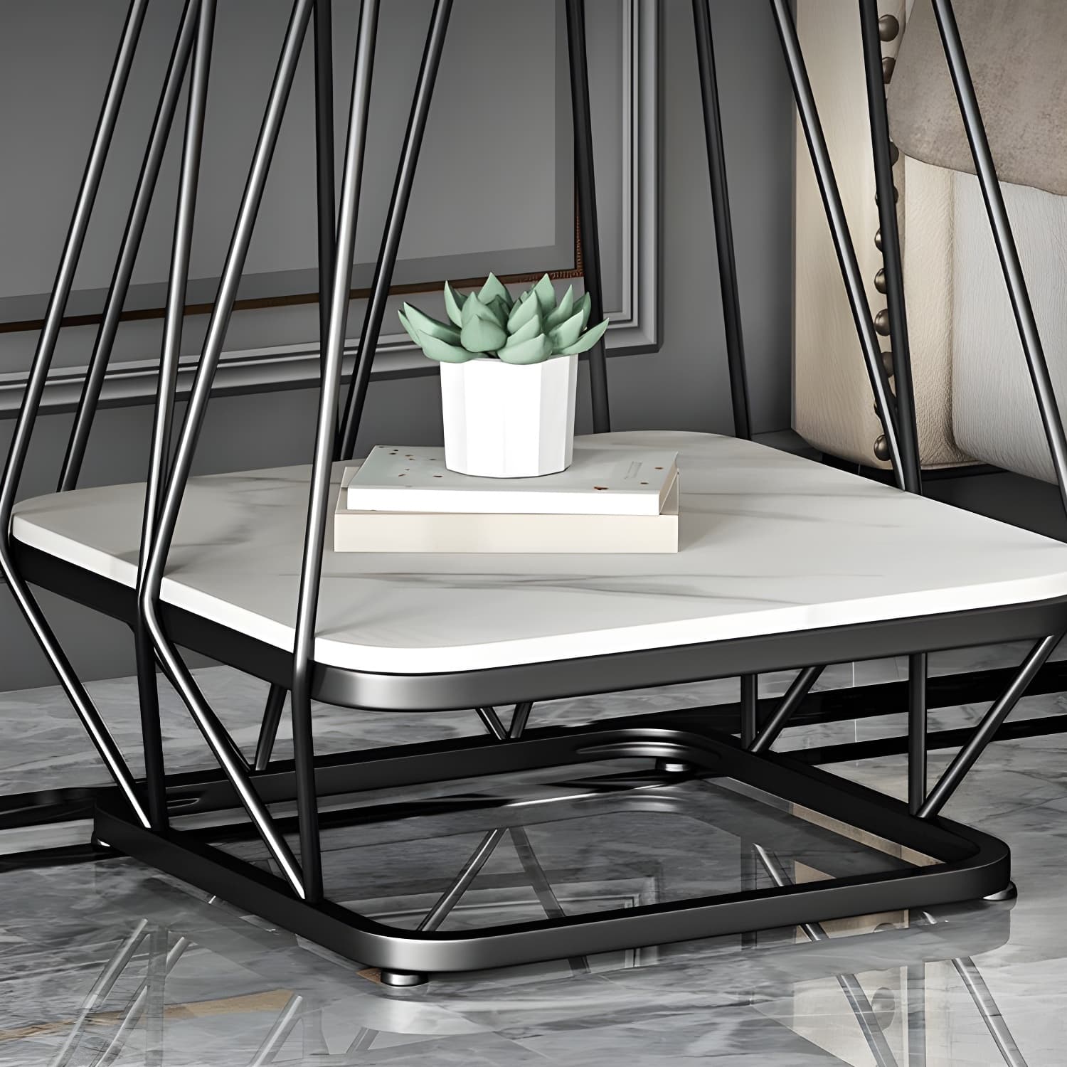Glam Metal Night Table Stone Top 24'' Tall Open Storage Nightstand with Legs thumbnail 15