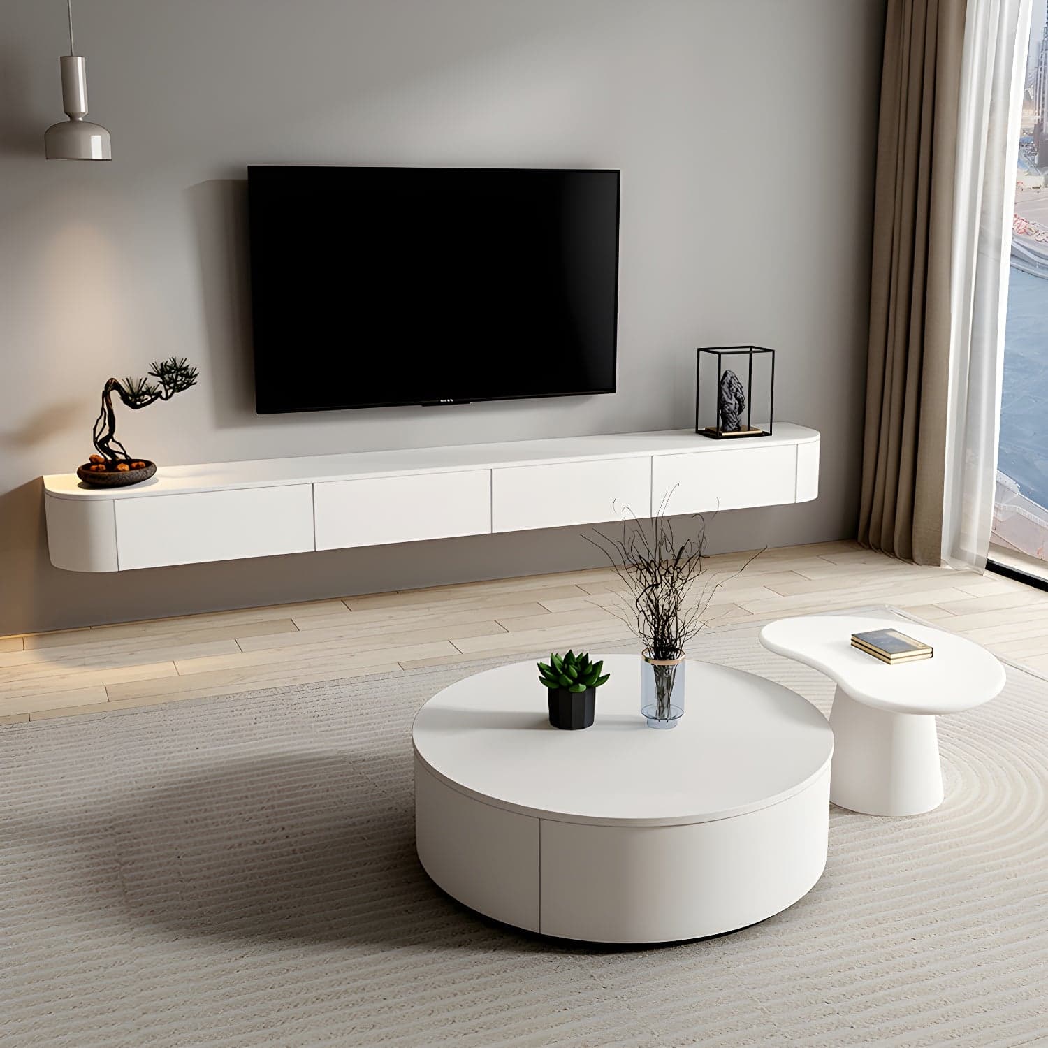 Modern White TV Media Stand Floating TV Stand Console with Drawers for Living Room thumbnail 11