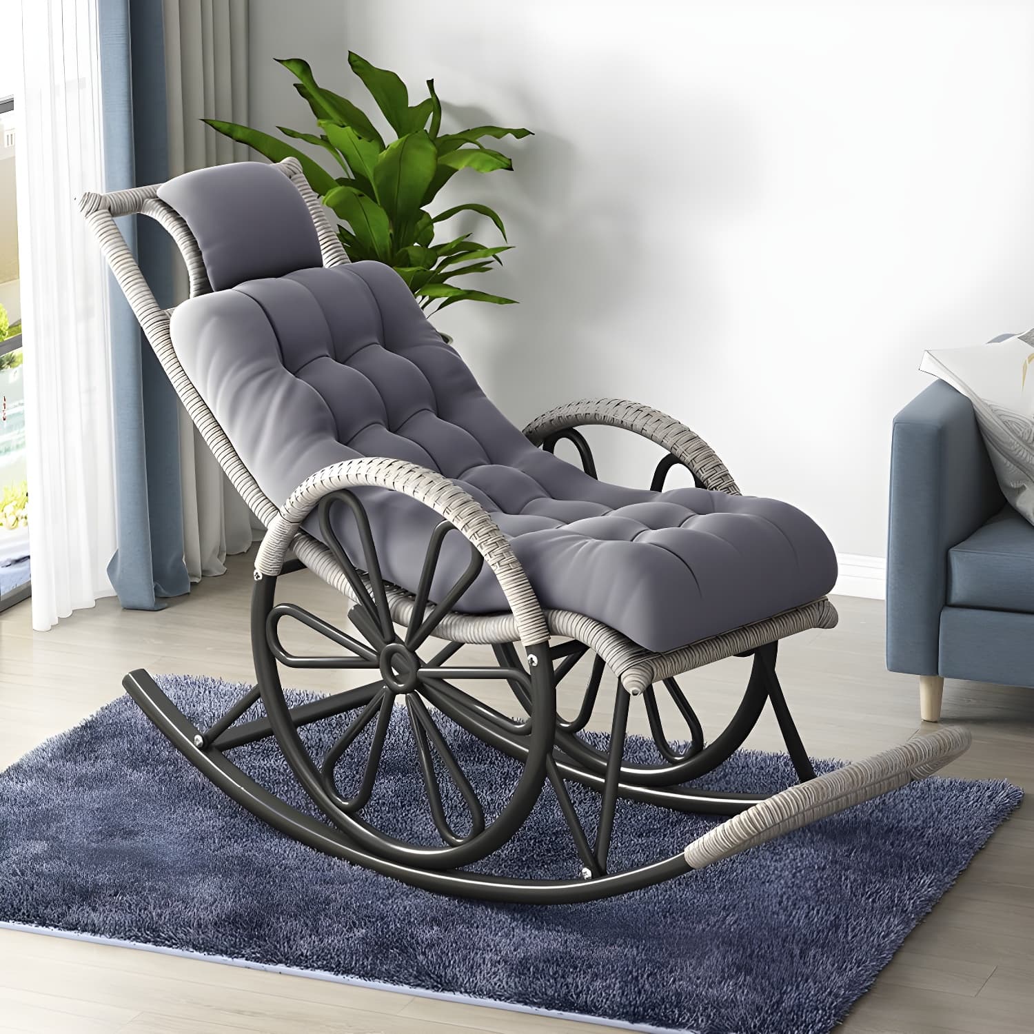 Modern Rocker Wicker Removable Cushions Tufted with Gray Frame Rocking Chair thumbnail 5