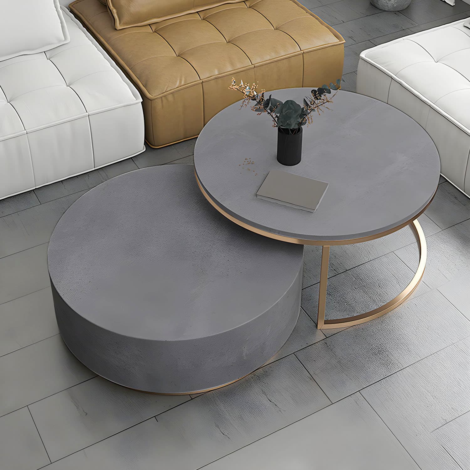 Drum Base Design Black/grey Faux Concrete Top Metal Base Round Coffee Table thumbnail 6