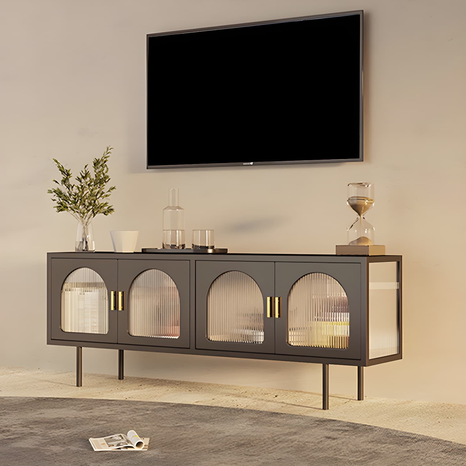 Industrial 4 Doors TV Media Stand Metal and Glass TV Console thumbnail 9