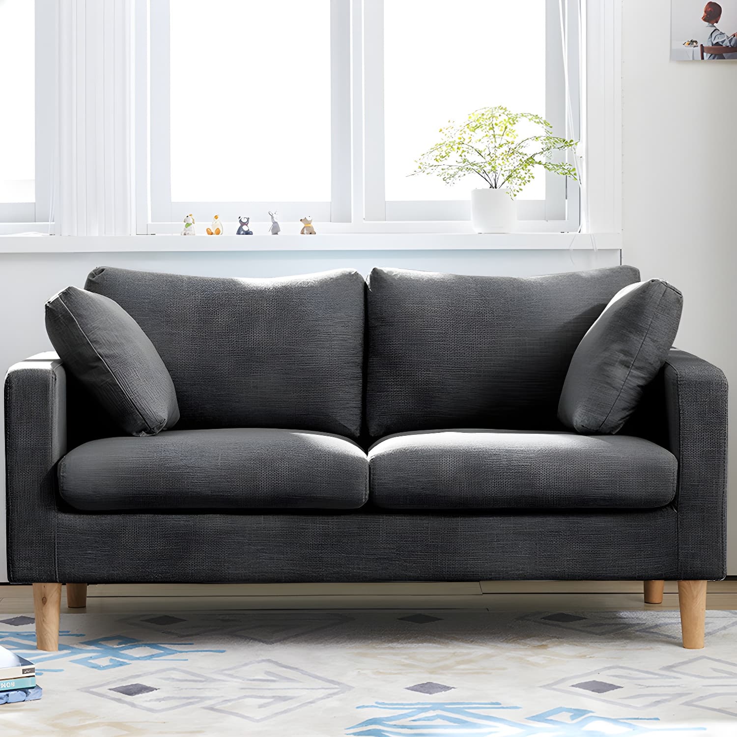 Contemporary Square Arm Couch Faux Leather Loveseat with Pillows thumbnail 5