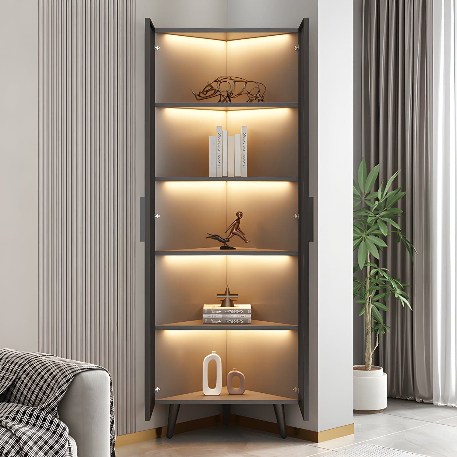 Corner Modern Accent Cabinet with Black Metal Base and Glass Doors, Black Wood Counter Top thumbnail 4