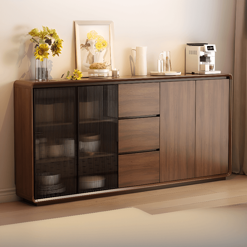 Espresso Sideboard with 3 Drawers, Locker Cabinet, Narrow Size, Compartment Storage, Glass-panel Door, and Flexible Shelf thumbnail 1