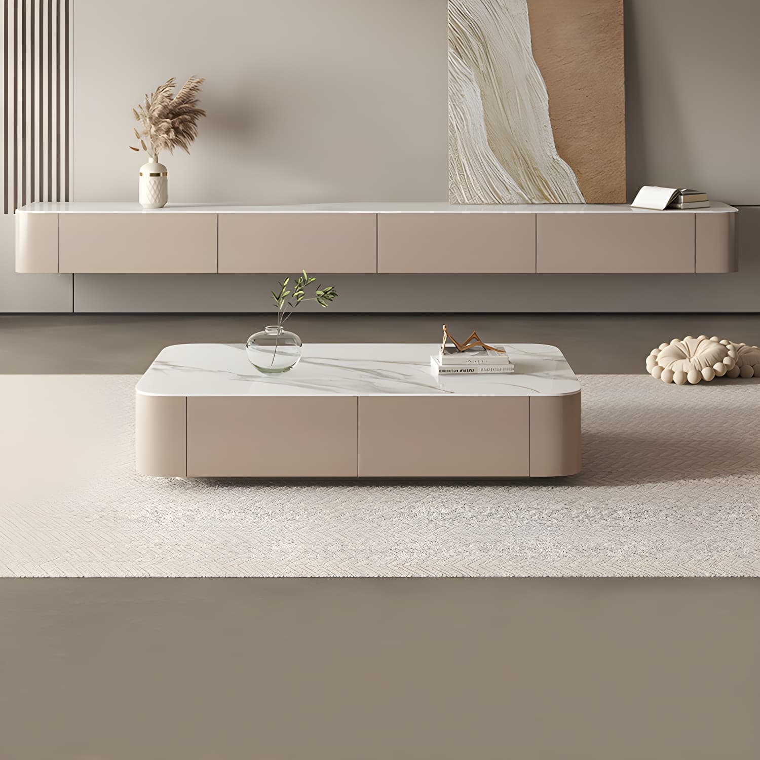 Brown Modern TV Stand with Floating Mount Design, Drawers, and Cable Management thumbnail 4
