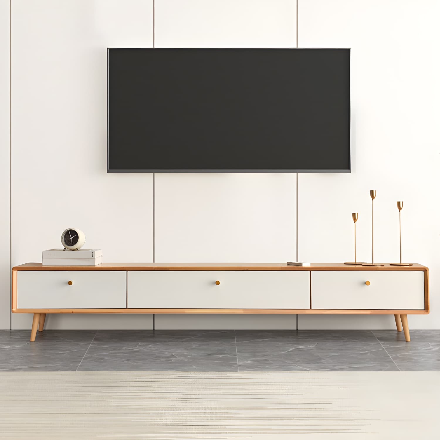 Solid Wood 13.78" H TV Stand Nordic 2 Drawers TV Stand Console thumbnail 5