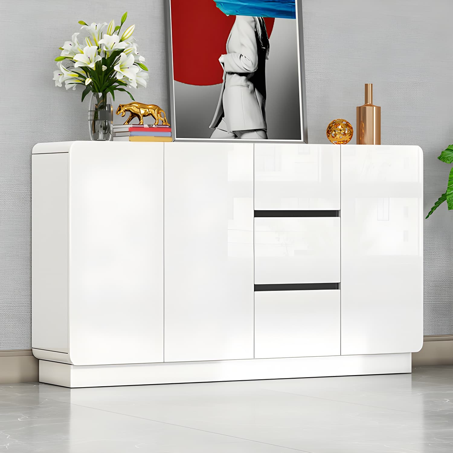 White Modern Sideboard Credenza with Adjustable Shelving and 3 Drawers