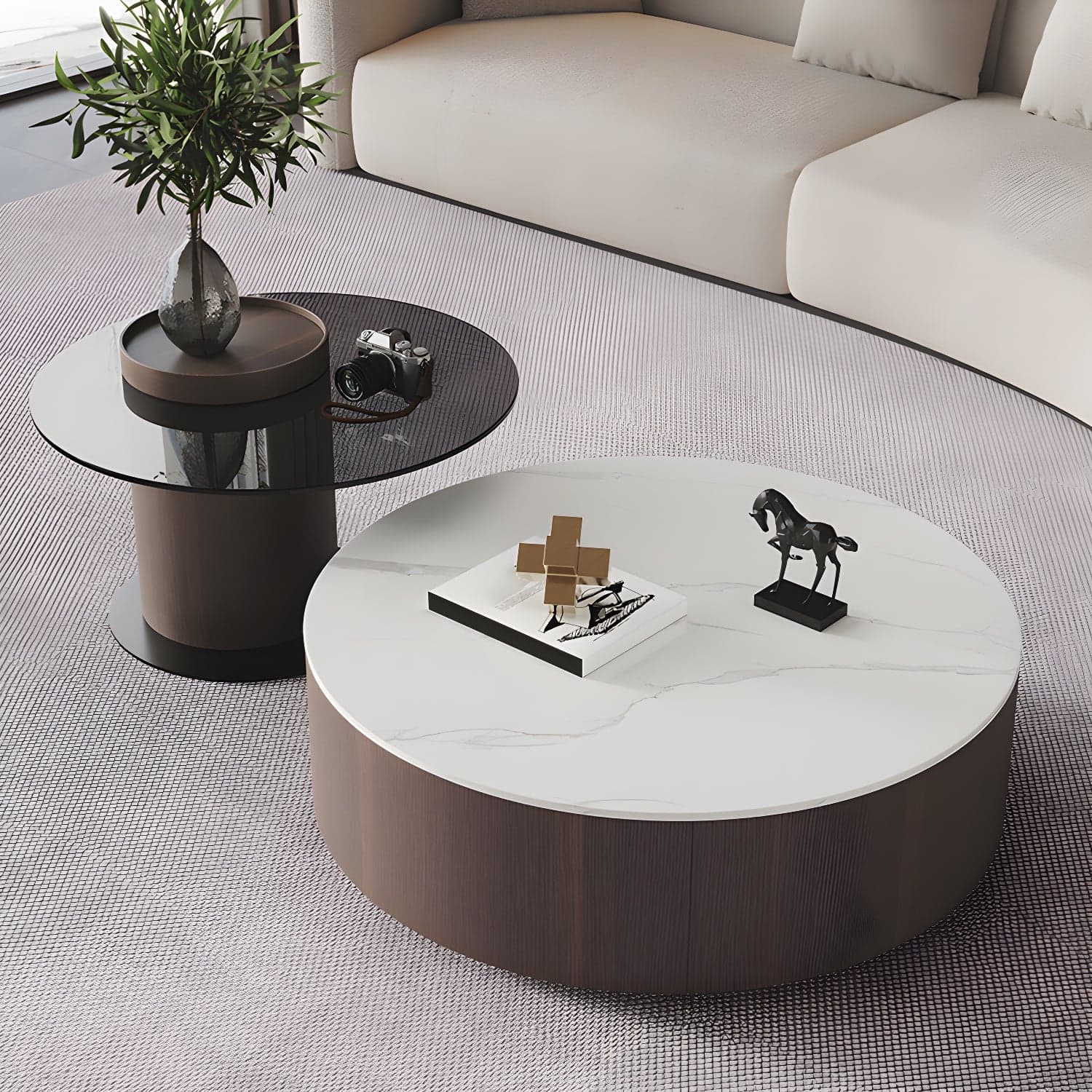 11"H Contemporary Coffee Table Round Coffee Cocktail Table with Drawer thumbnail 6