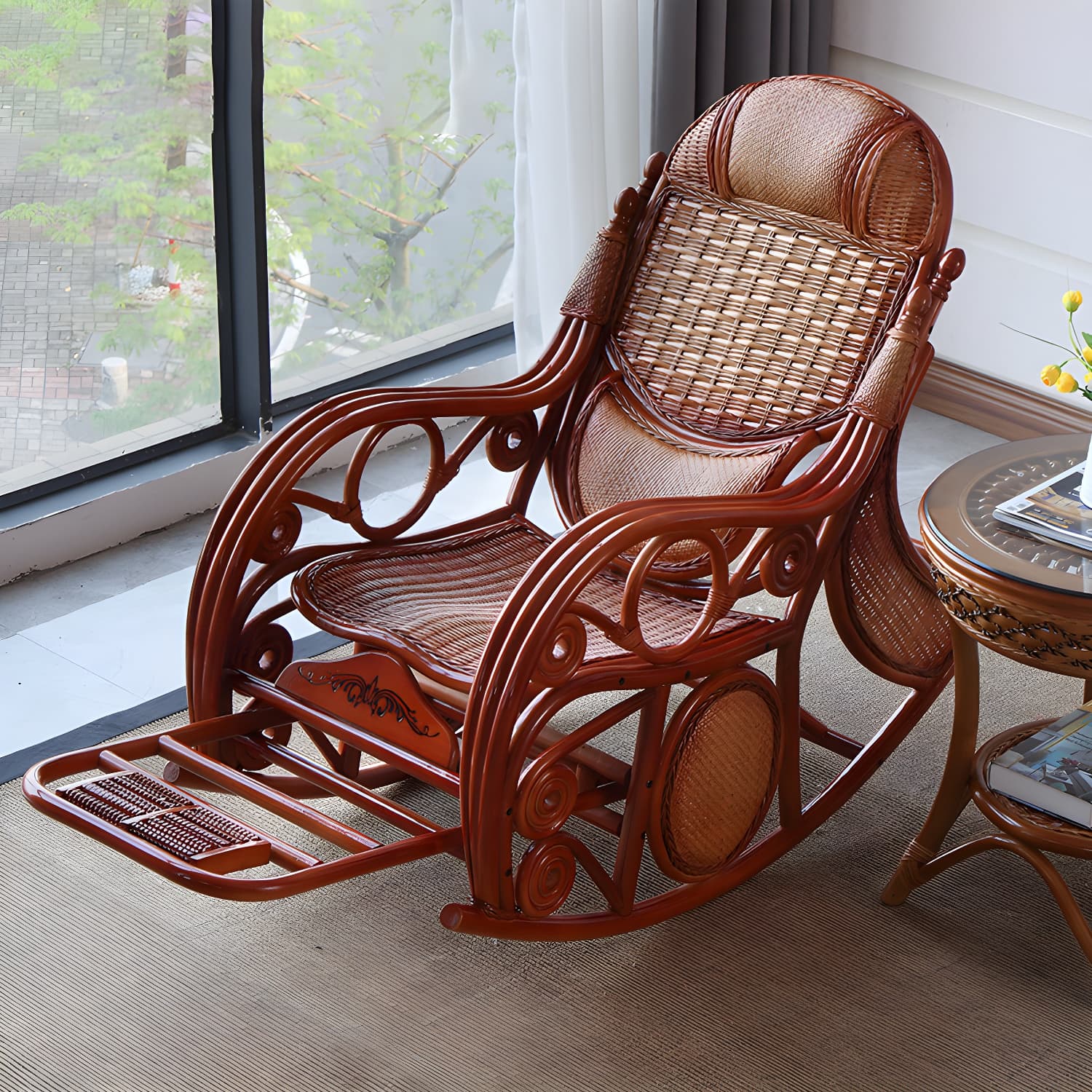 Traditional Spindle Rocking Accent Chair Tobacco Finish Rocker Chair Reclining thumbnail 4