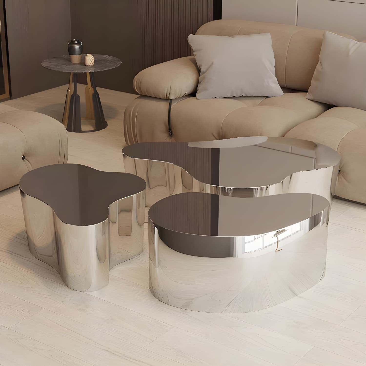 Silver Modern Coffee Table with Free Form Metal Top and Abstract Stainless Steel Base thumbnail 13