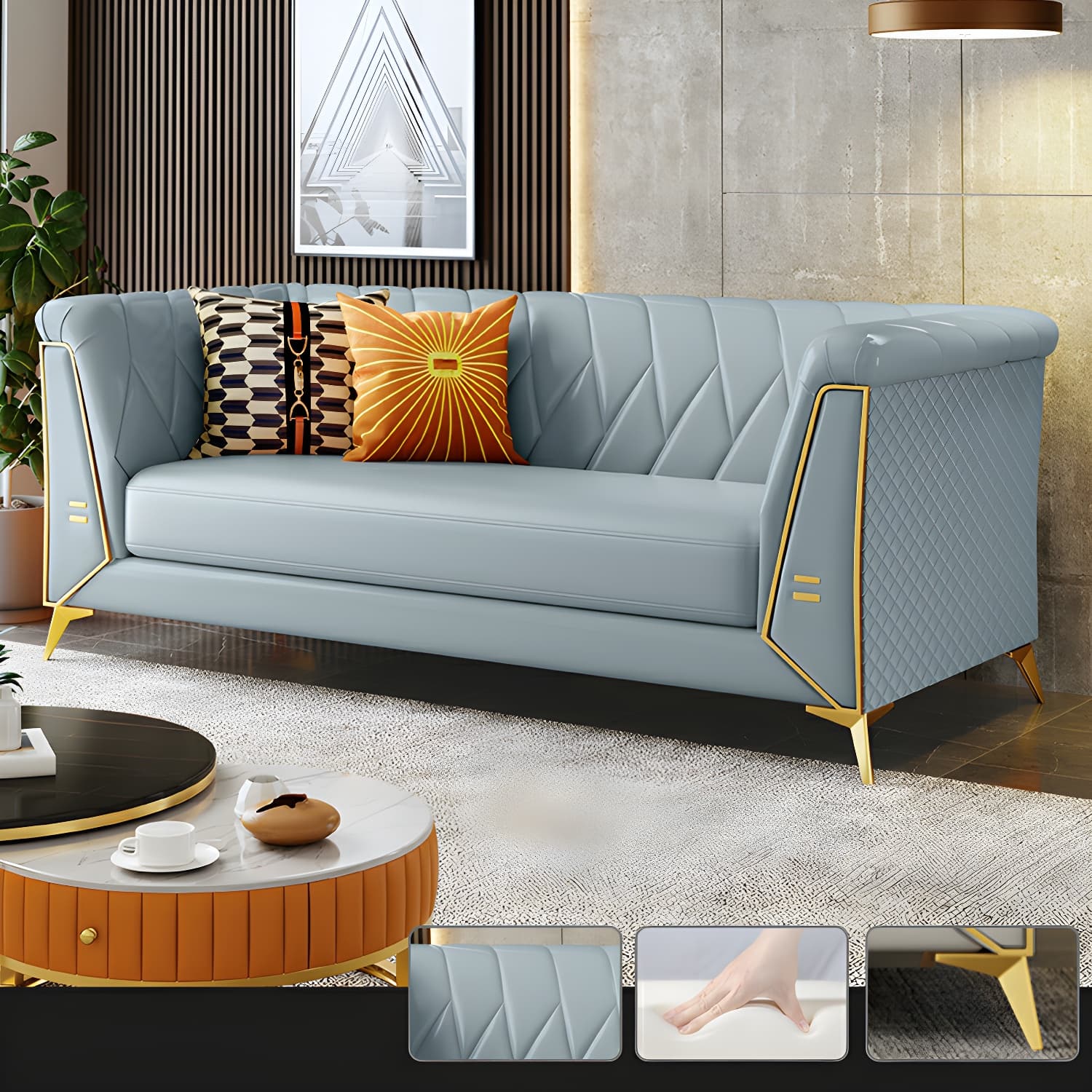 Glam Faux Leather Standard Sofa with Tuxedo Arms in Solid Color thumbnail 4