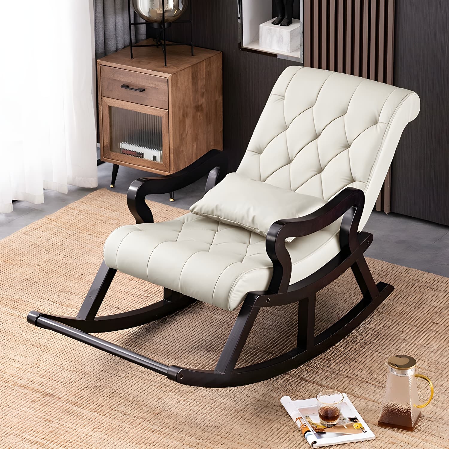 49" Wide Tufted Cushions Solid Wood Leather Rocking Accent Chair thumbnail 6