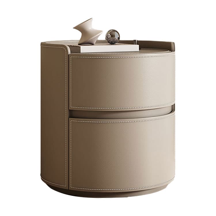 Chic Modern Round Nightstand with Light Wood Tone Faux Leather and Numerate Two Drawer Storage thumbnail 16
