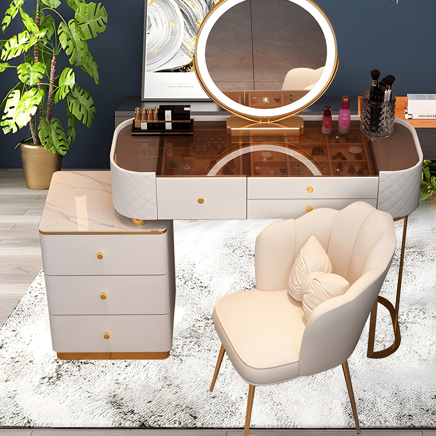 Lighted Mirror & Jewelry Makeup Vanity Metal Dressing Table Stool Set thumbnail 15