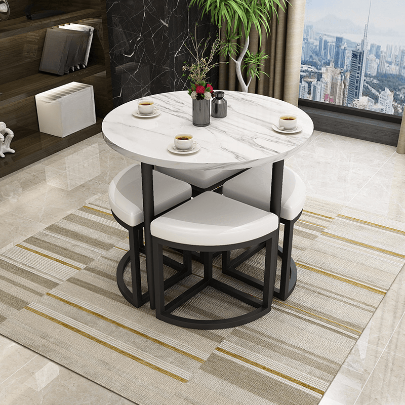 Reclaimed Wood Round Dining Table Set with Metal Toboggan Base and Upholstered Backless Chairs for 4 People thumbnail 32