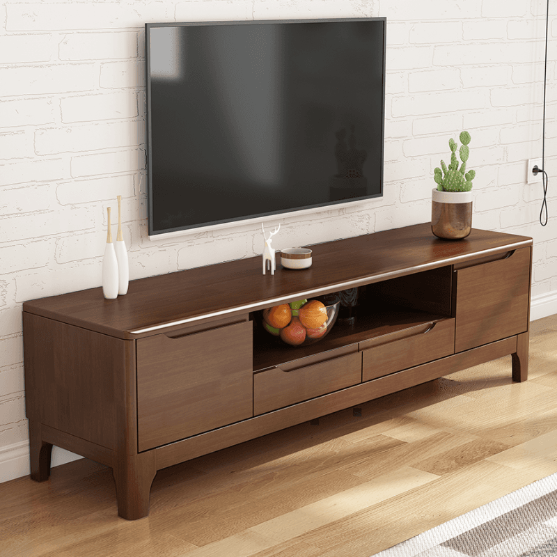 Art Deco Natural Wood TV Stand with 2 Drawers, 2 Cabinets, and Visible Storage thumbnail 7