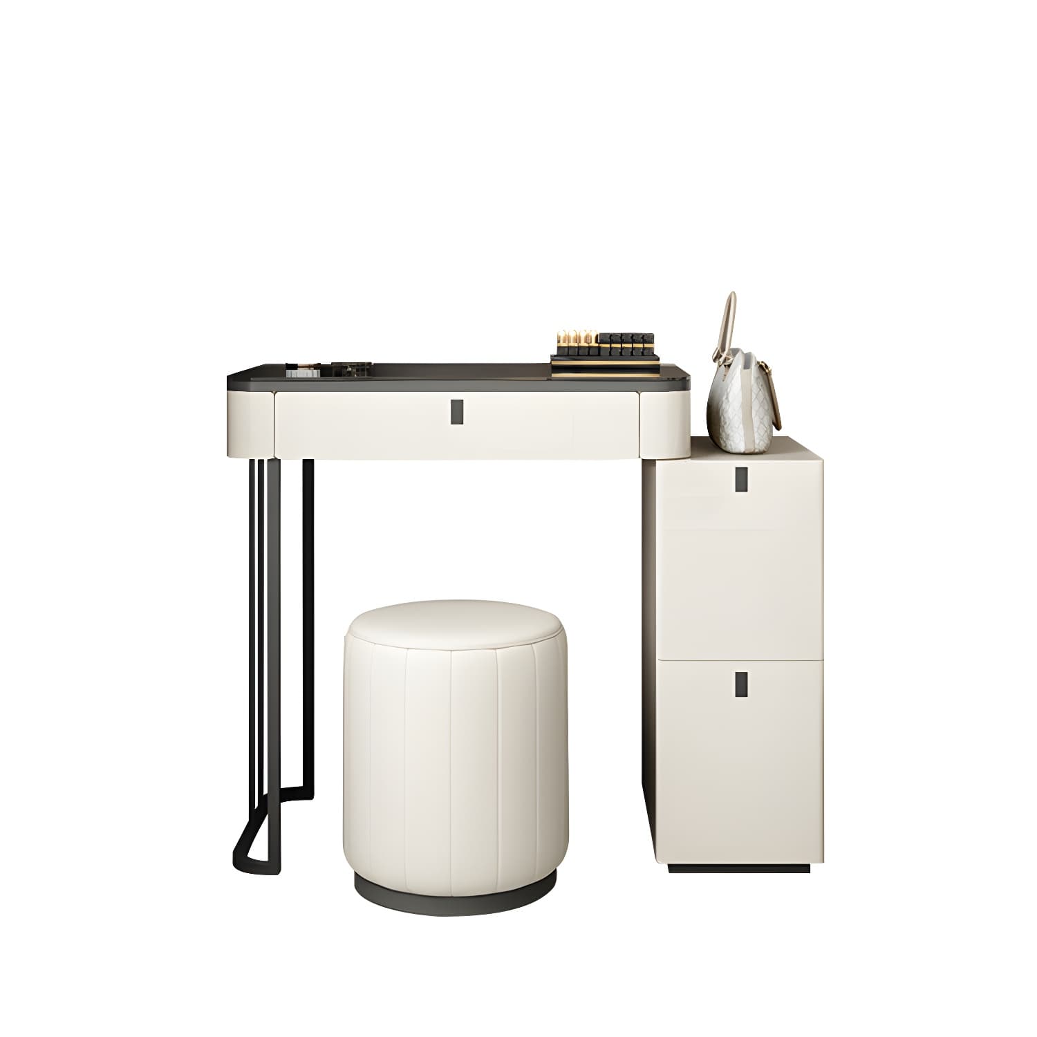 Modern Minimalist White Vanity Table Set 29.53" H Glass Top Vanity Table with Storage thumbnail 11