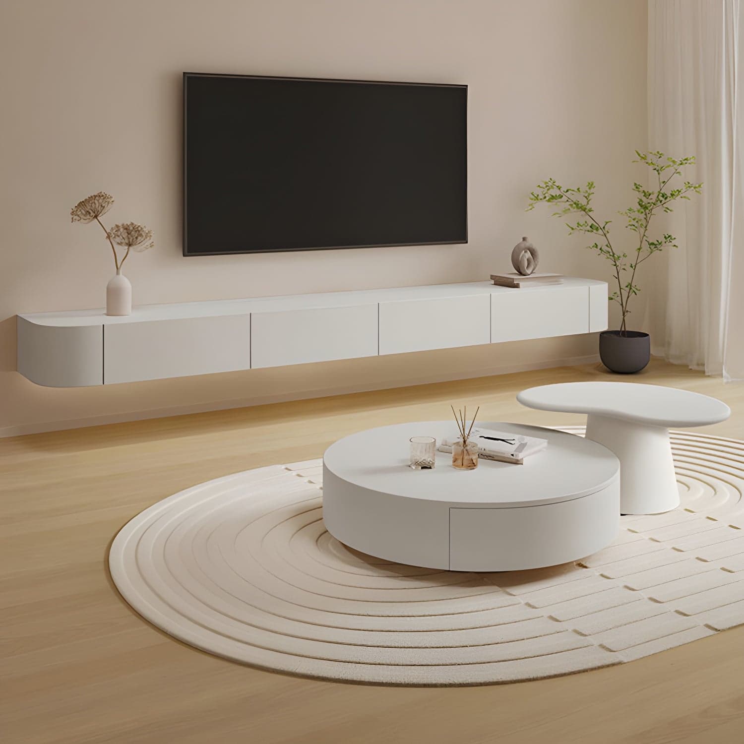 White Wall-mounted Media Stand with Drawers Contemporary TV Console, Faux Wood thumbnail 3