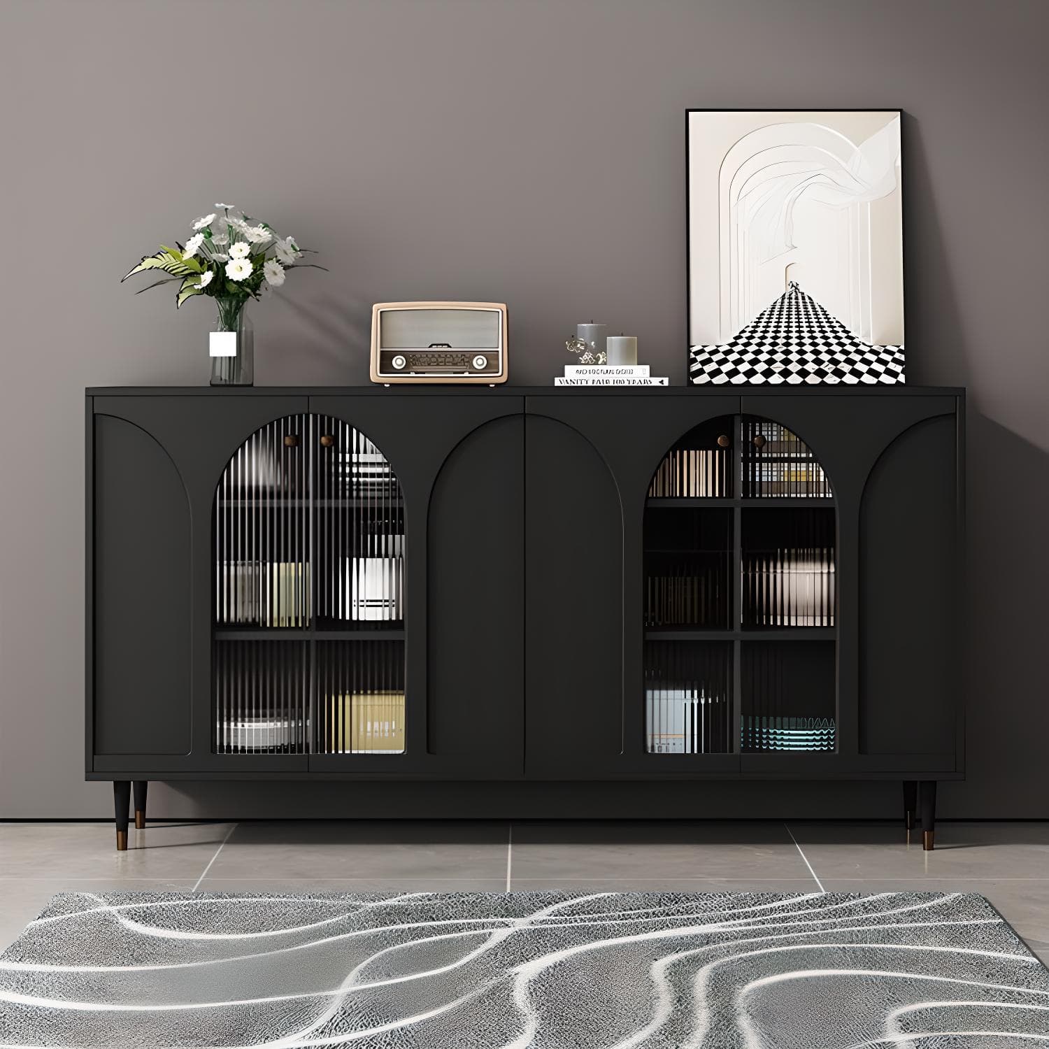 Wooden Modern Glass Door Kitchen Sideboard with Adjustable Shelving thumbnail 3