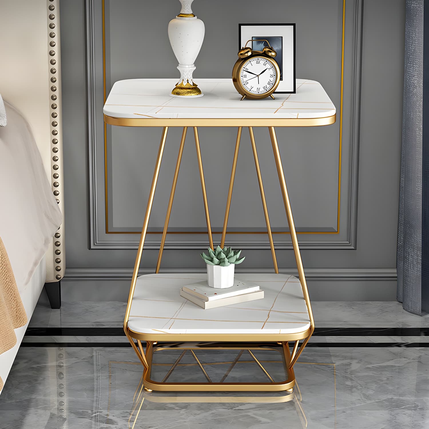 Glam Metal Night Table Stone Top 24'' Tall Open Storage Nightstand with Legs thumbnail 8