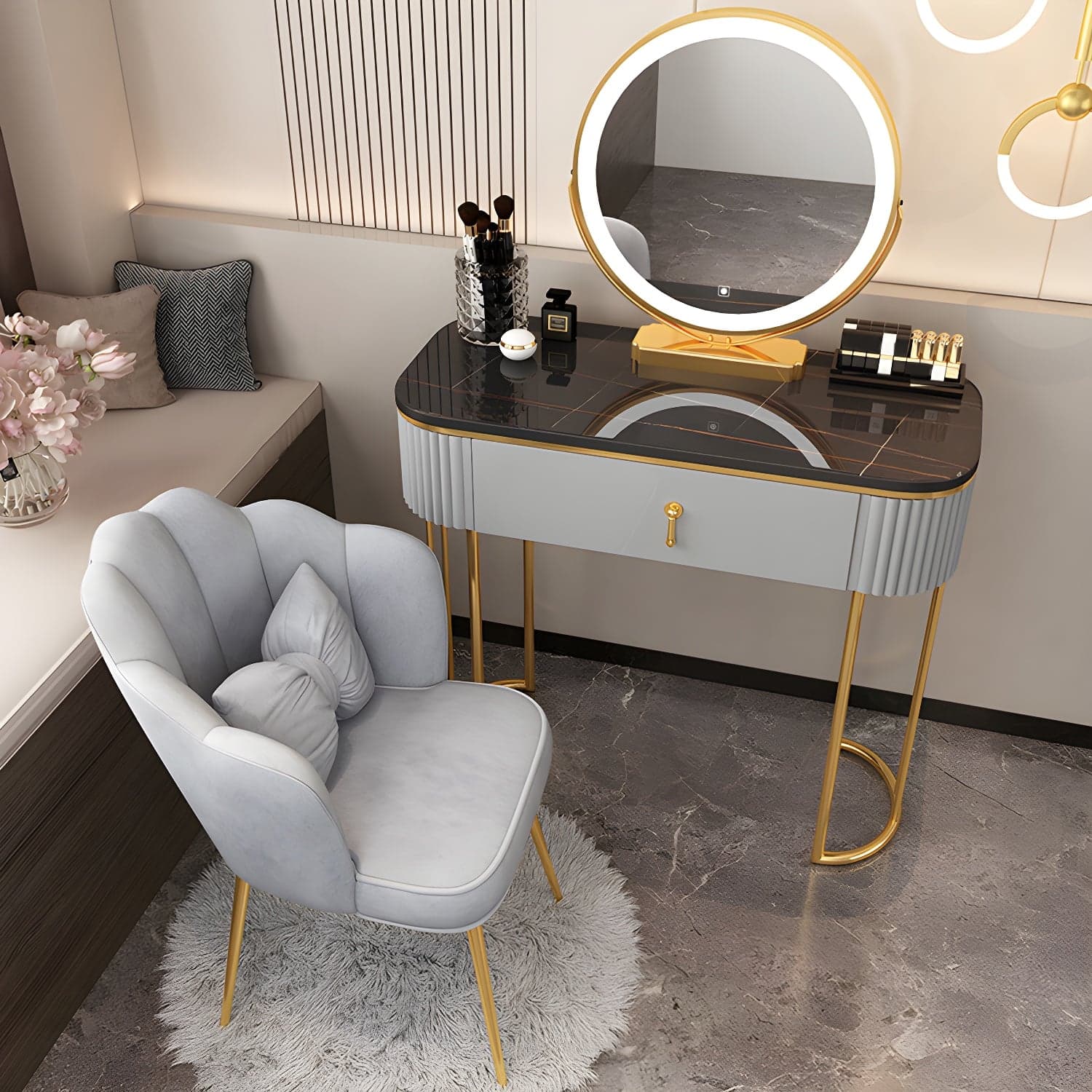 Removable Makeup Counter Lighted Mirror Vanity Dressing Table with Drawer thumbnail 1