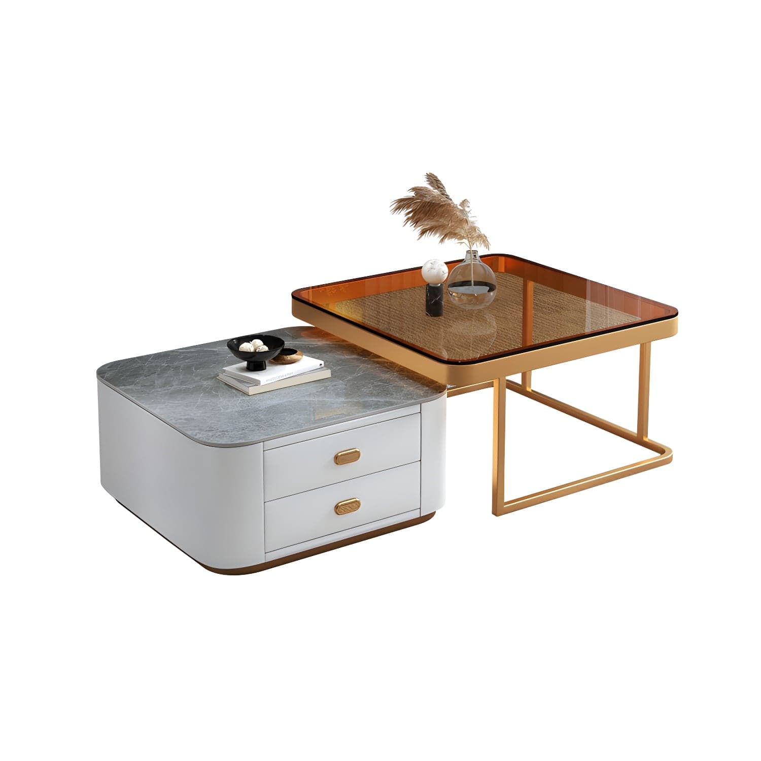 Square Coffee Table Glass Top 2 Nesting Coffee Table Set with Storage thumbnail 1