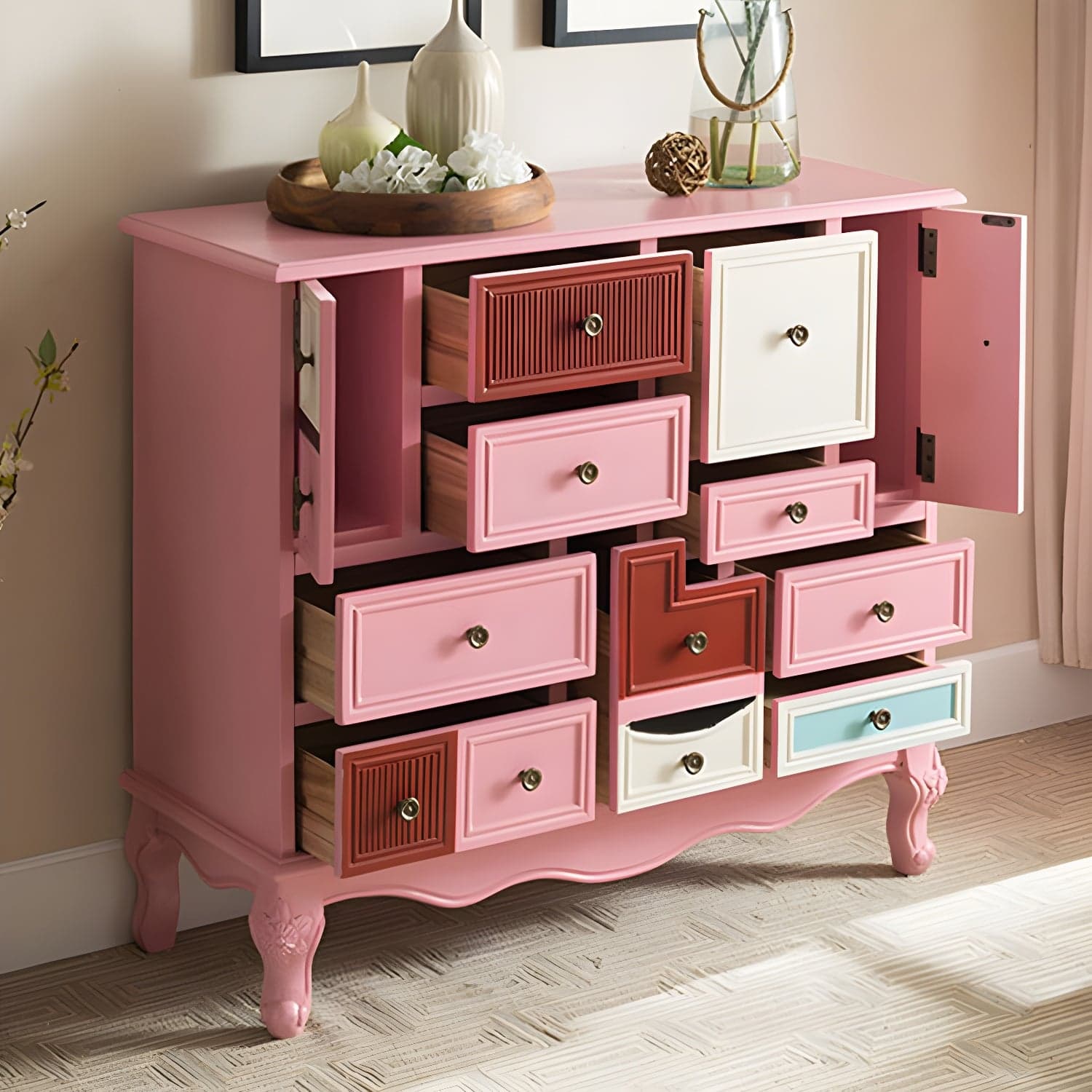 Industrial Painted Accent Cabinet with Drawers Solid Wood Chest thumbnail 11