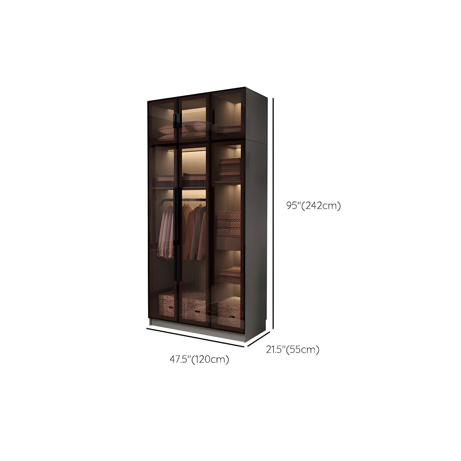Modern Glass Hinged Doors Wardrobe Armoire Wood Frame Wardrobe with Shelves without Light thumbnail 25