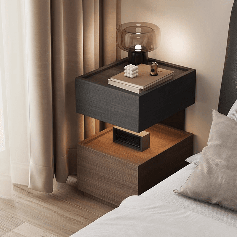 Organic Modern 2 Tiers Nightstand With Drawer Organization, 2 Shelves, Real Wood Countertop, and Illuminating Feature thumbnail 7