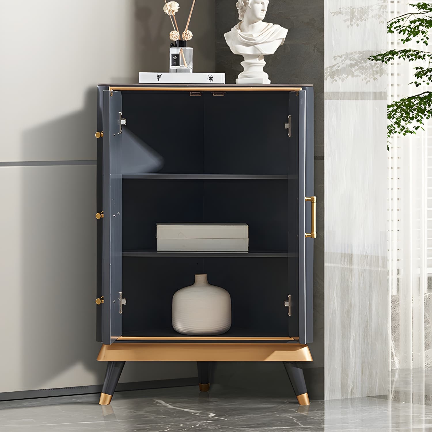 Glam Corner Accent Cabinet with Black Stone Countertop and Wood Base for Small Spaces thumbnail 5
