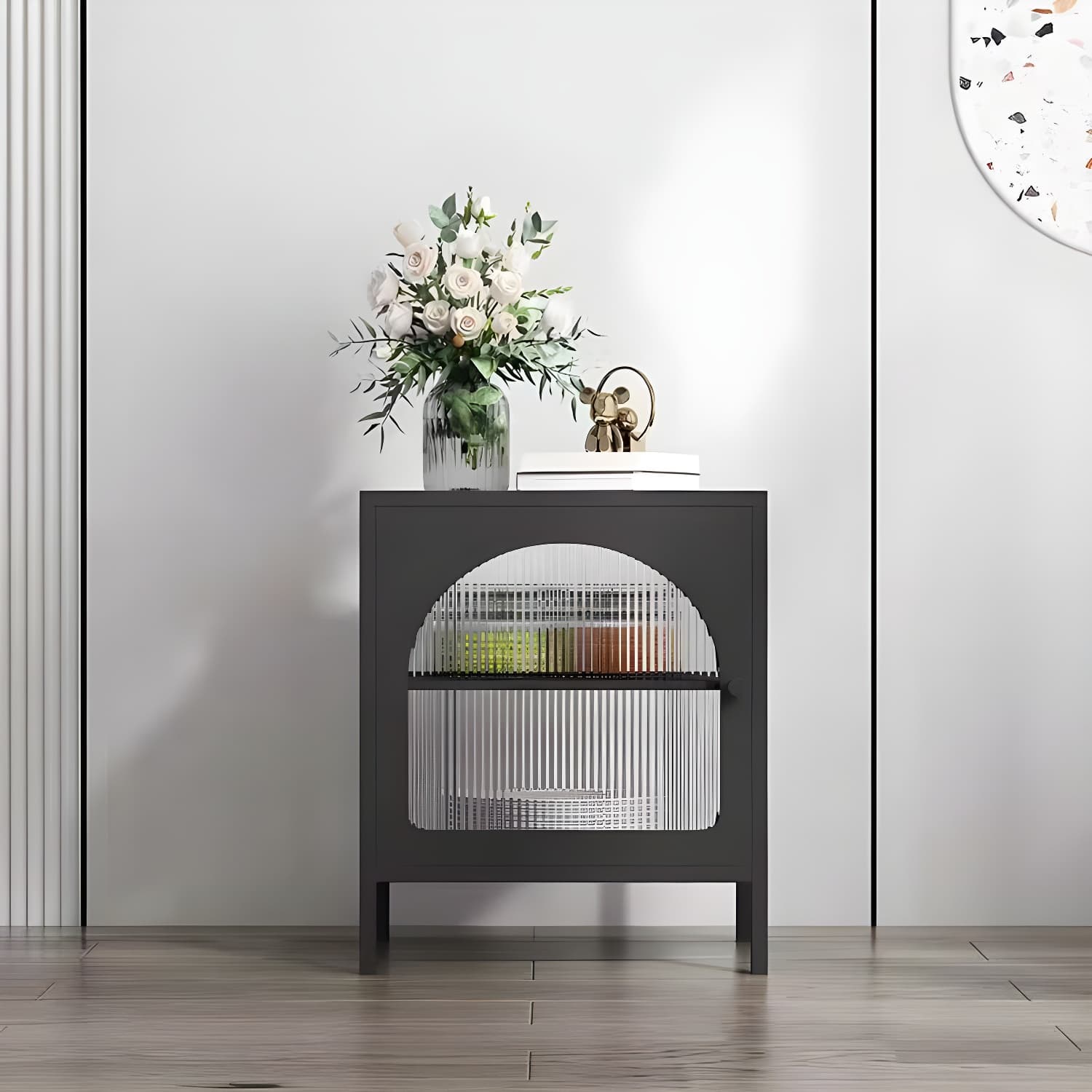 Modern Indoor Dining Server with Glass Doors Polished Finish Metal Sideboard