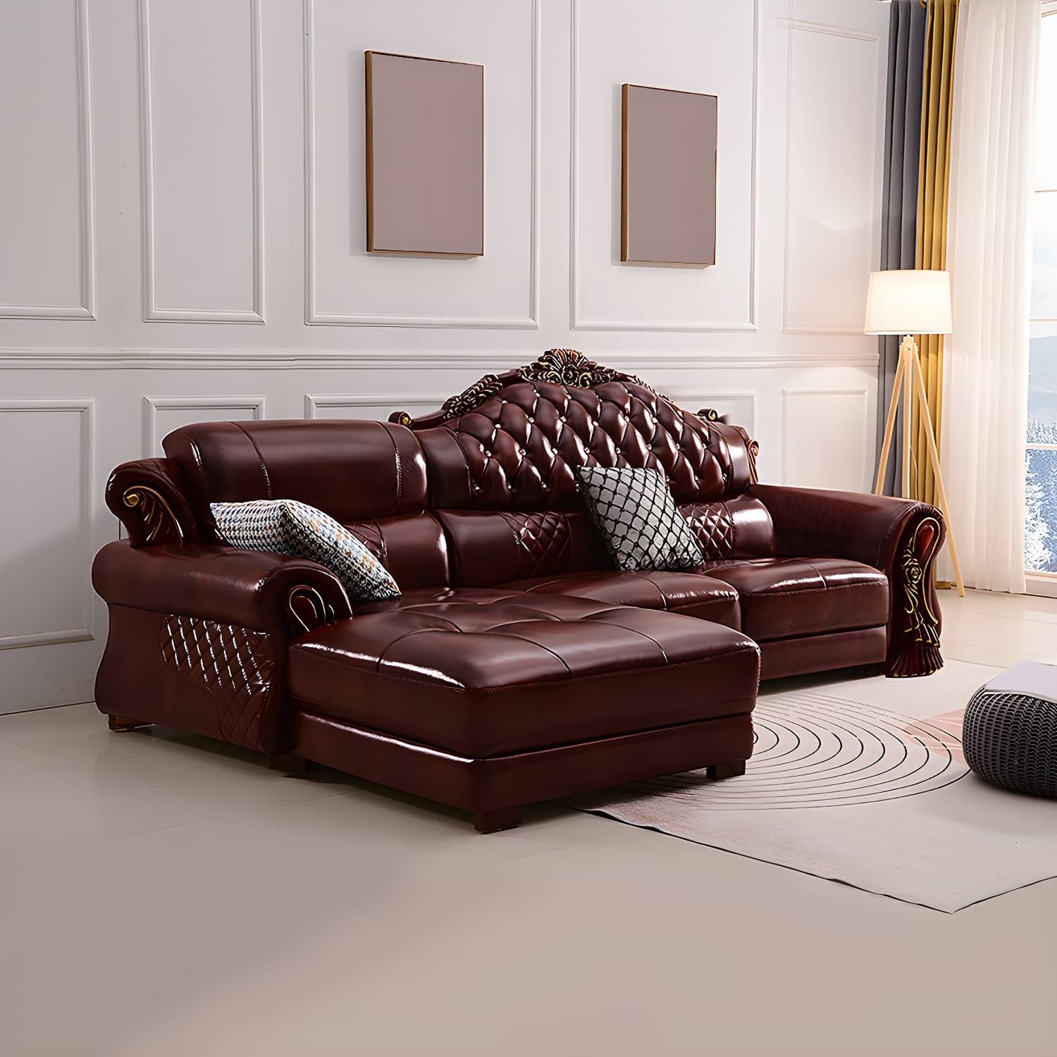 Genuine Leather Rolled Arm Sectional 36.22"High Camel Back Sofa, Dark Brown thumbnail 4