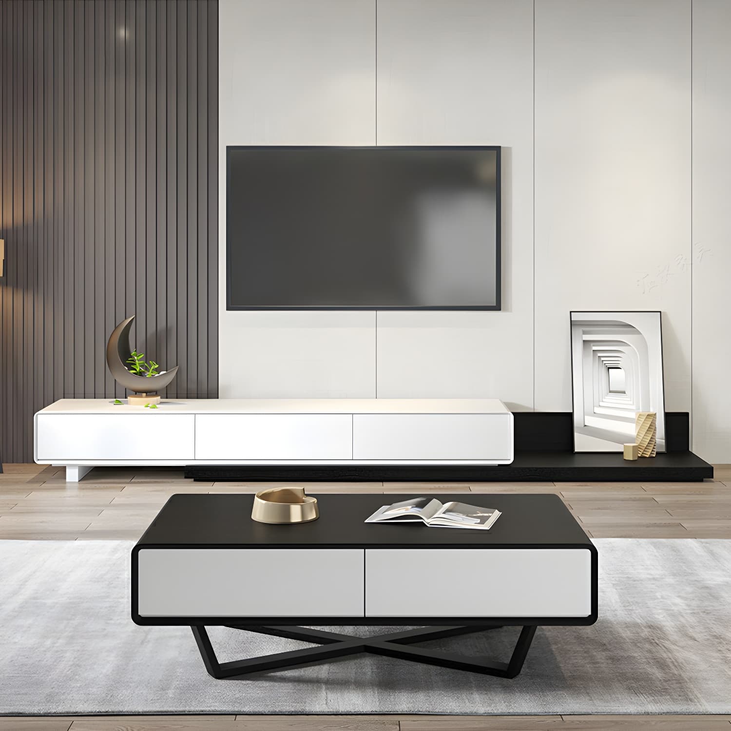 Rectangular Wood Modern Coffee Table with Black Metal Cross Legs and Storage Drawers thumbnail 11