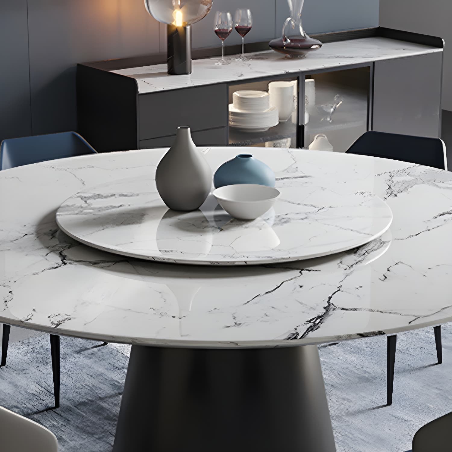 Contemporary Stone Round Dining Set 1/4/7/11 Pieces Turntable Dining Furniture for Home thumbnail 6