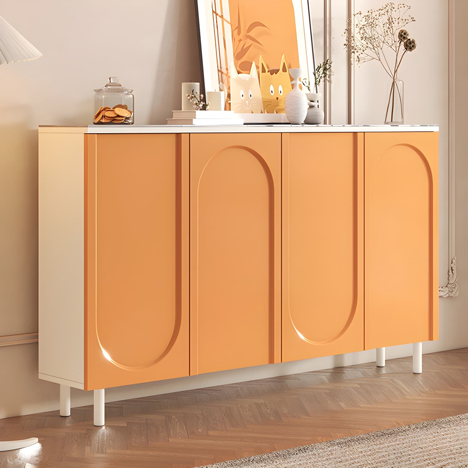 Scandinavian Wood Buffet Sideboard Cabinet with Stone Countertop Shelves Included thumbnail 6