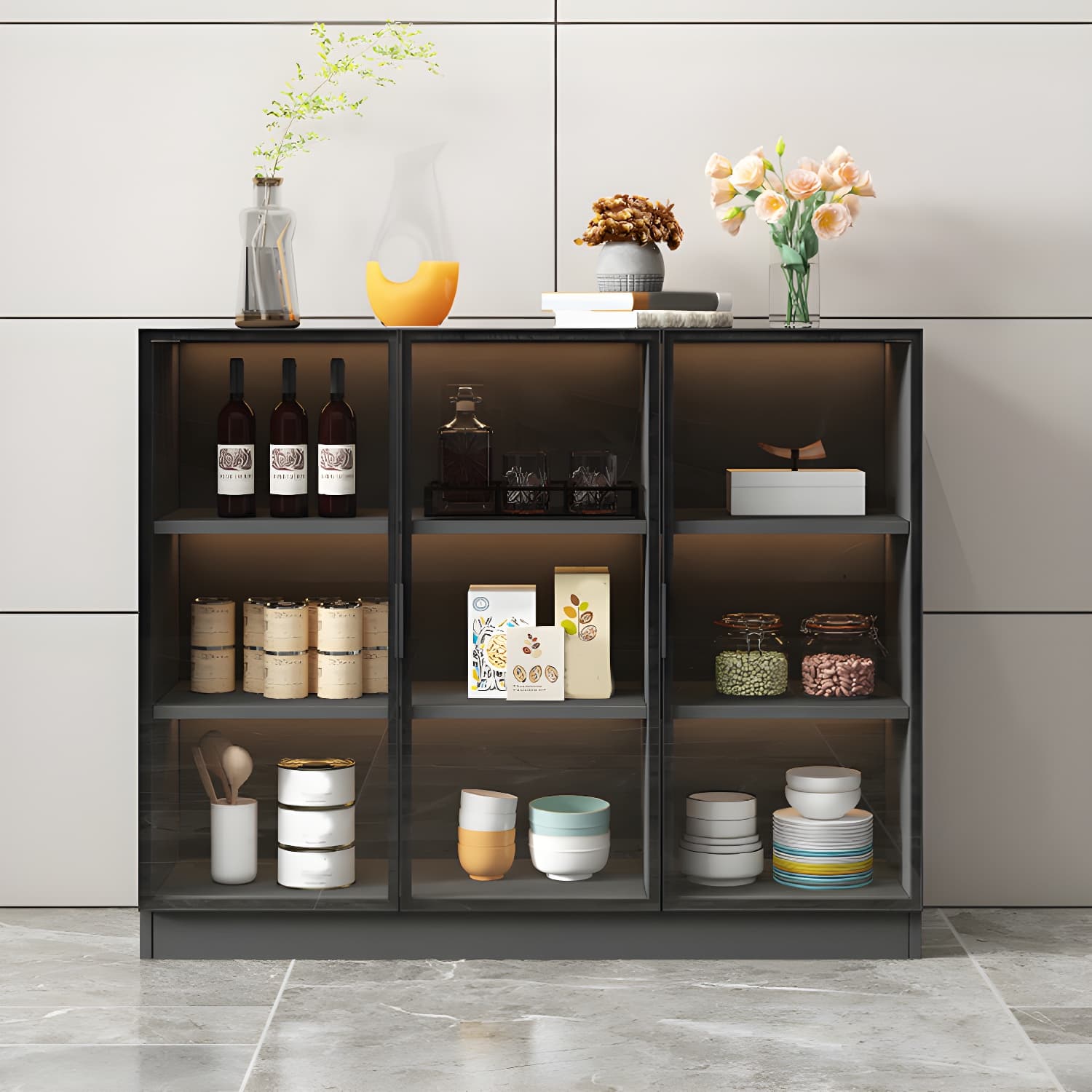 Black Modern Wood Sideboard Credenza with Glass Doors and Interior Shelves thumbnail 7
