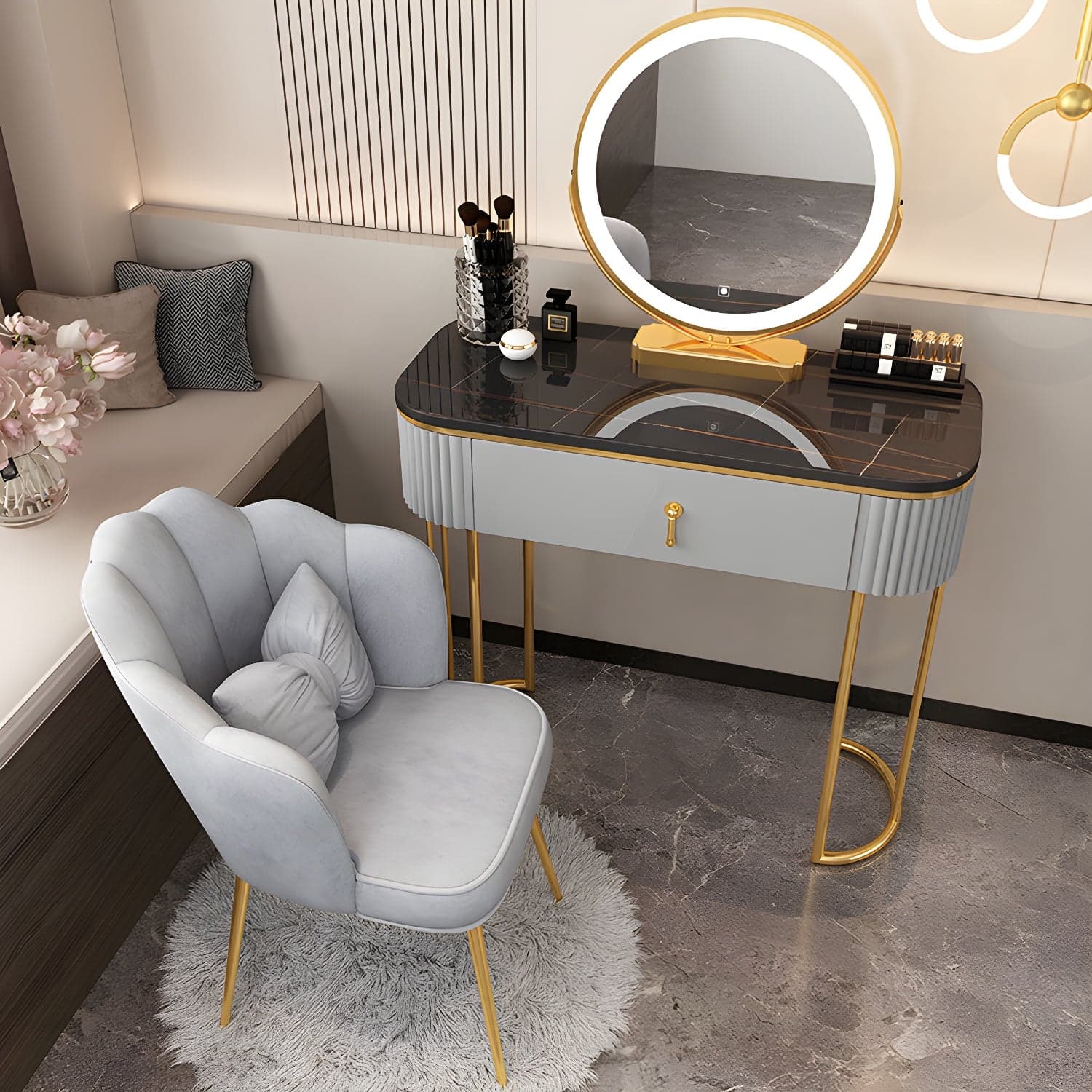 Lighted Mirror Makeup Vanity Storage Box Vanity Dressing Table for Bedroom thumbnail 1