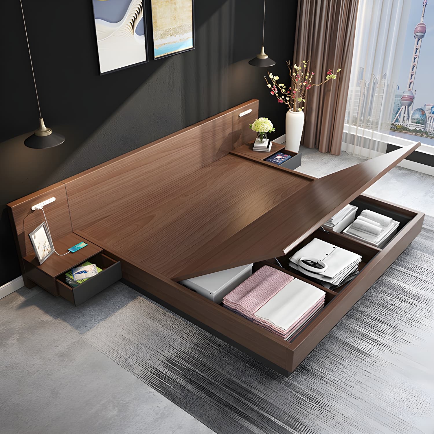 Lift Up Storage Platform Bed Contemporary Platform Bed Frame with Headboard thumbnail 7