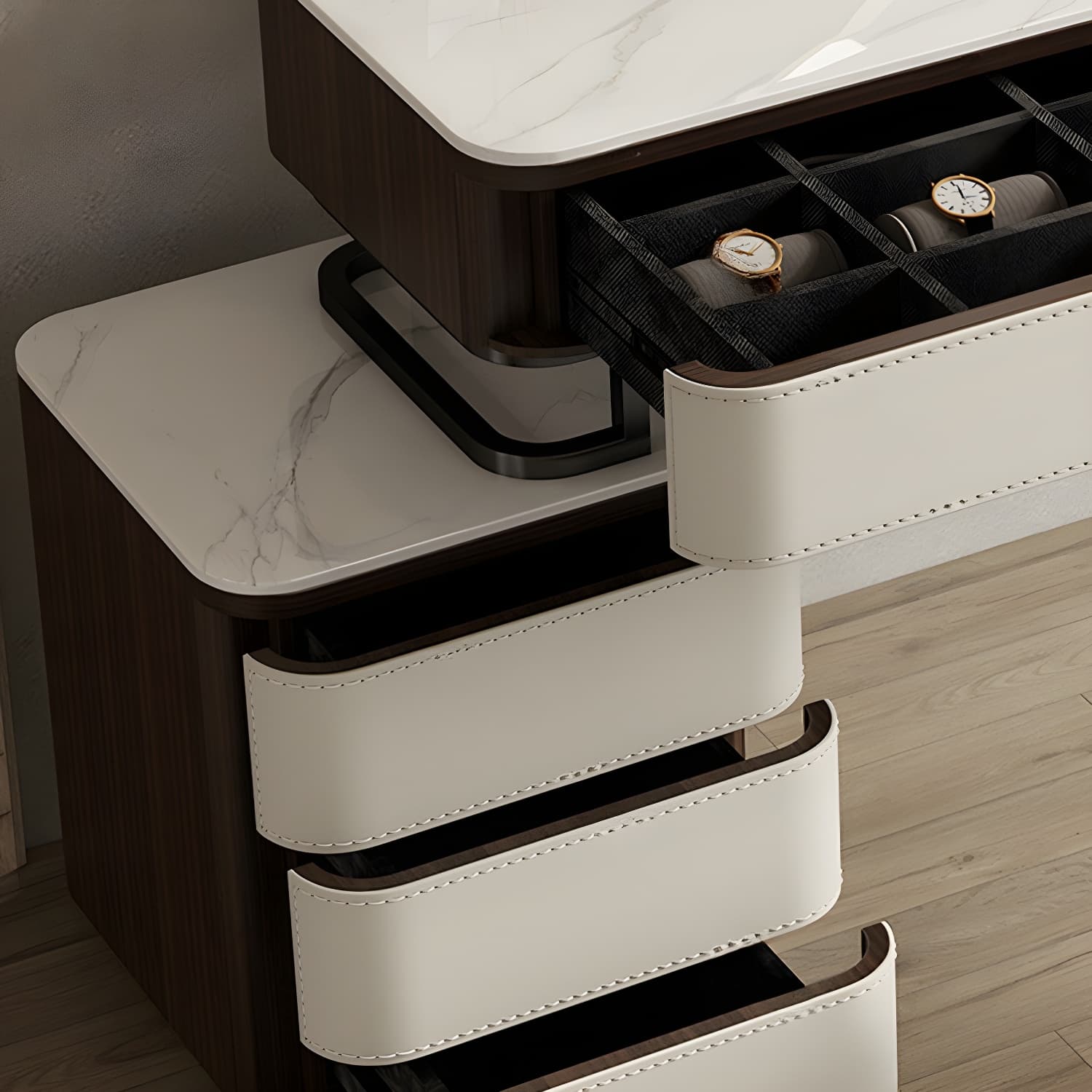 Modern Wood Vanity with Stone Top & 5 Drawers & Jewelry Storage & Assembly Required thumbnail 11